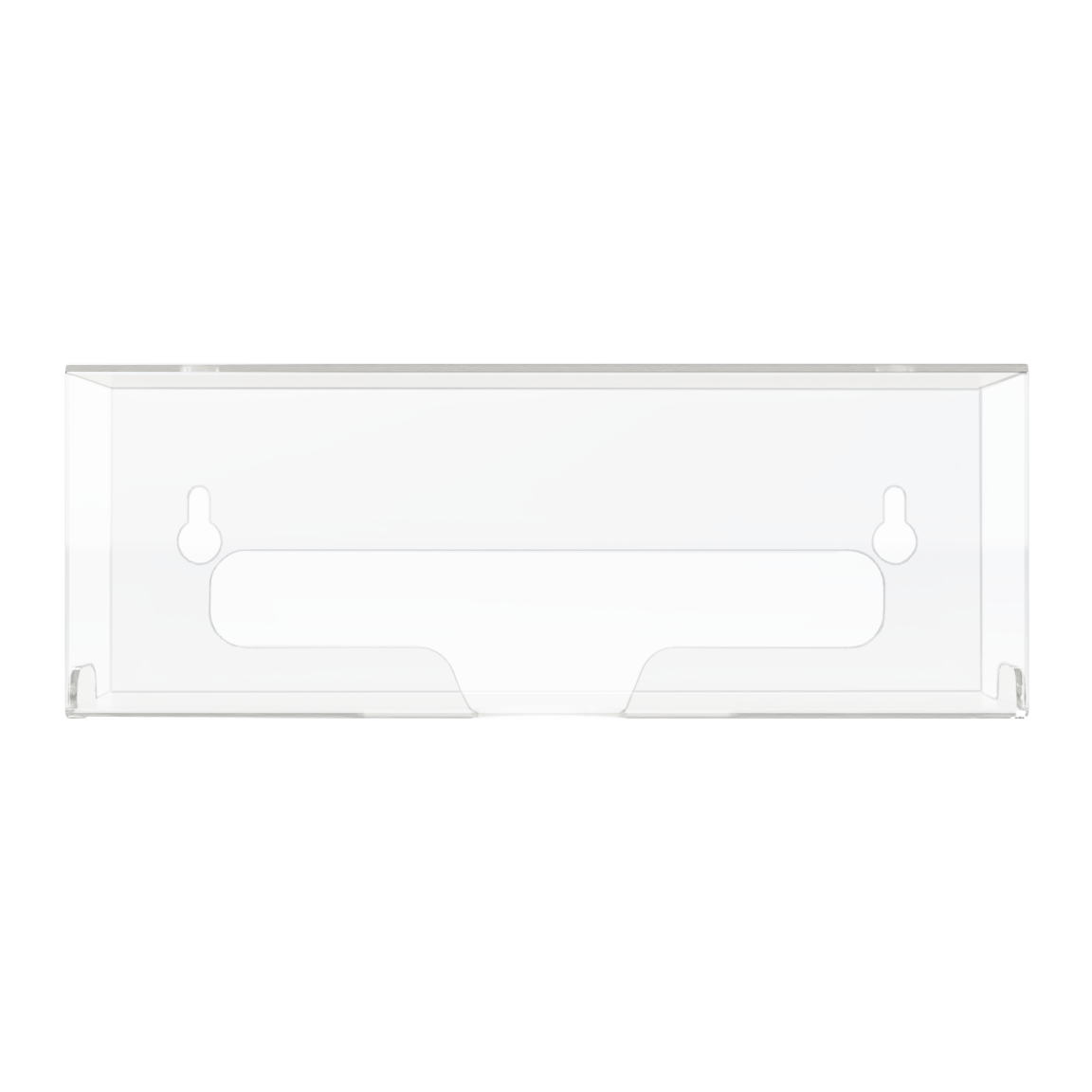 Clear PETG single compartment bag dispenser with side hole for loading and front bottom hole for dispensing. empty. 