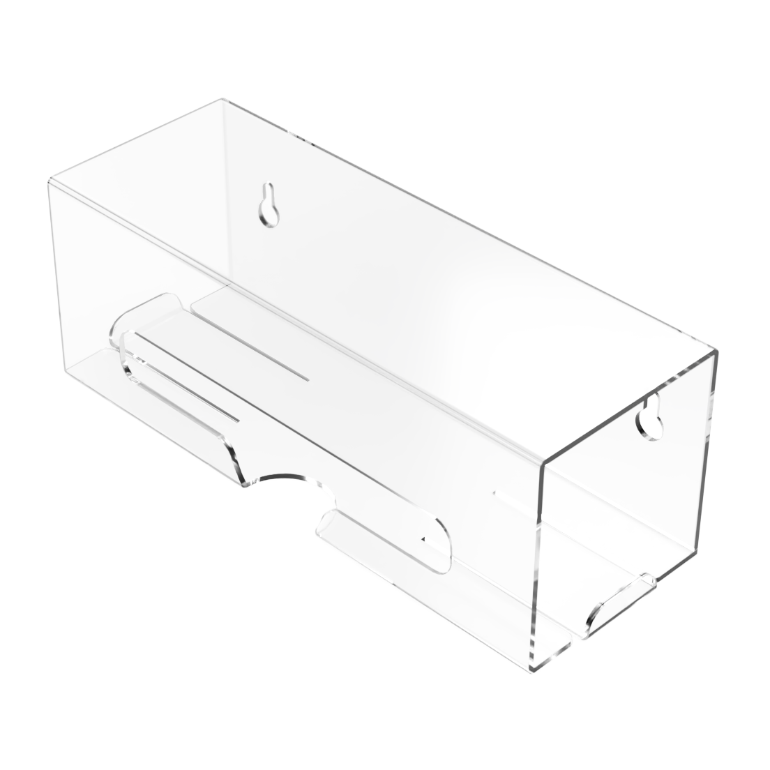 Clear PETG single compartment bag dispenser with side hole for loading and front bottom hole for dispensing. empty, angled slightly right.