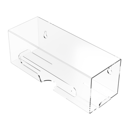 Clear PETG single compartment bag dispenser with side hole for loading and front bottom hole for dispensing. empty, angled slightly right.