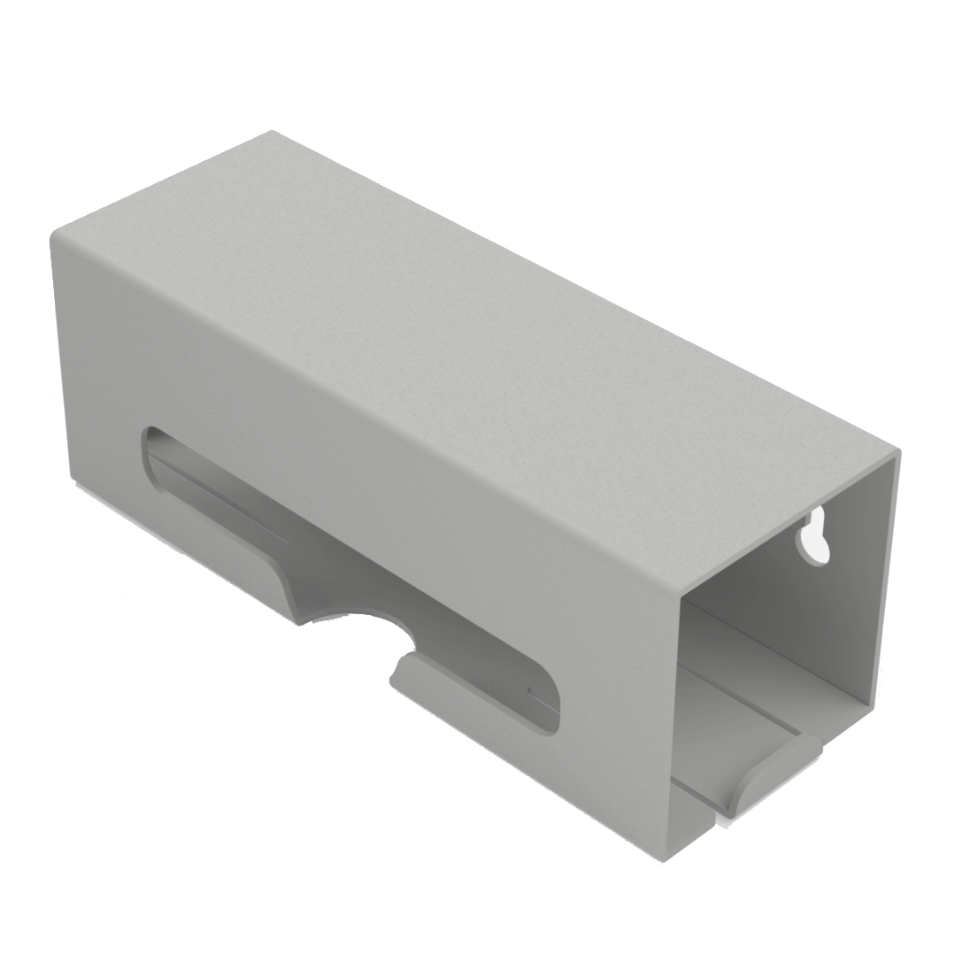 Beige ABS single compartment bag dispenser with side hole for loading and front bottom hole for dispensing. Empty. Angled slightly right.