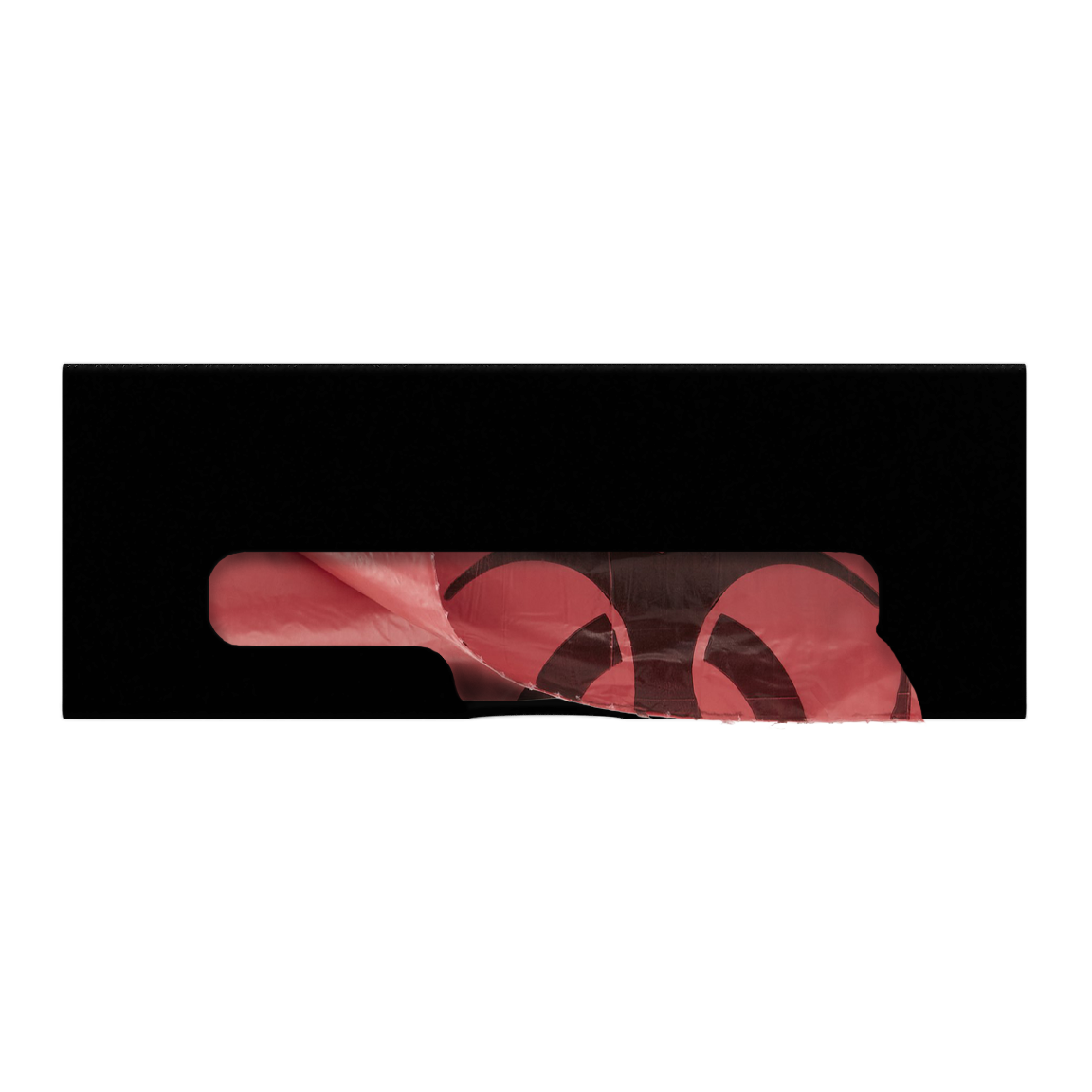 Black ABS single compartment bag dispenser with side hole for loading and front bottom hole for dispensing. Showing Linen bags.
