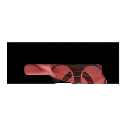 Black ABS single compartment bag dispenser with side hole for loading and front bottom hole for dispensing. Showing Linen bags.