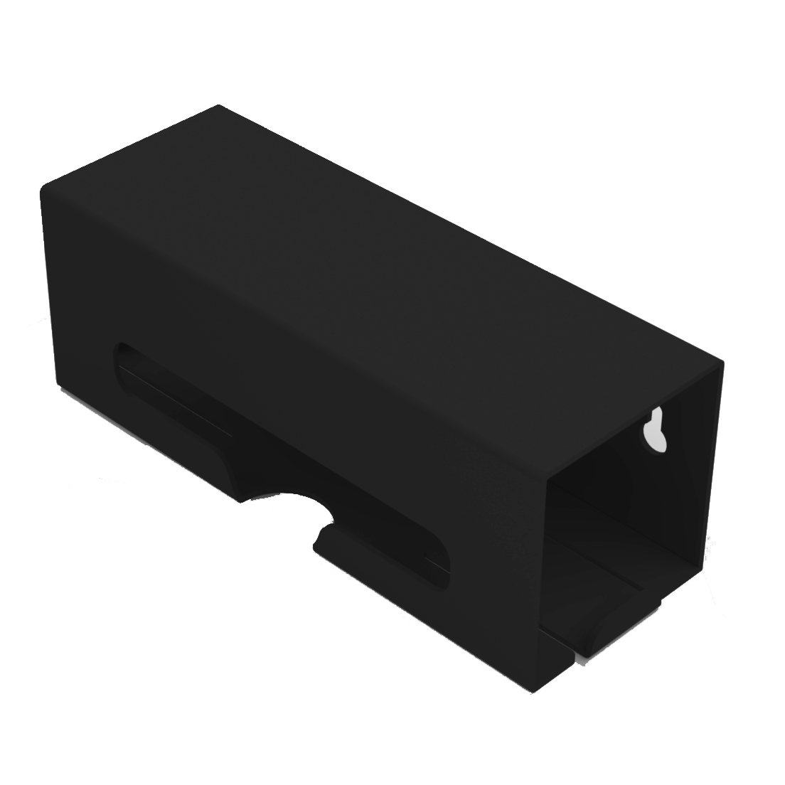 Black ABS single compartment bag dispenser with side hole for loading and front bottom hole for dispensing. Empty. Angled Slightly left. 