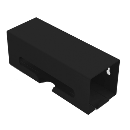 Black ABS single compartment bag dispenser with side hole for loading and front bottom hole for dispensing. Empty. Angled Slightly left. 