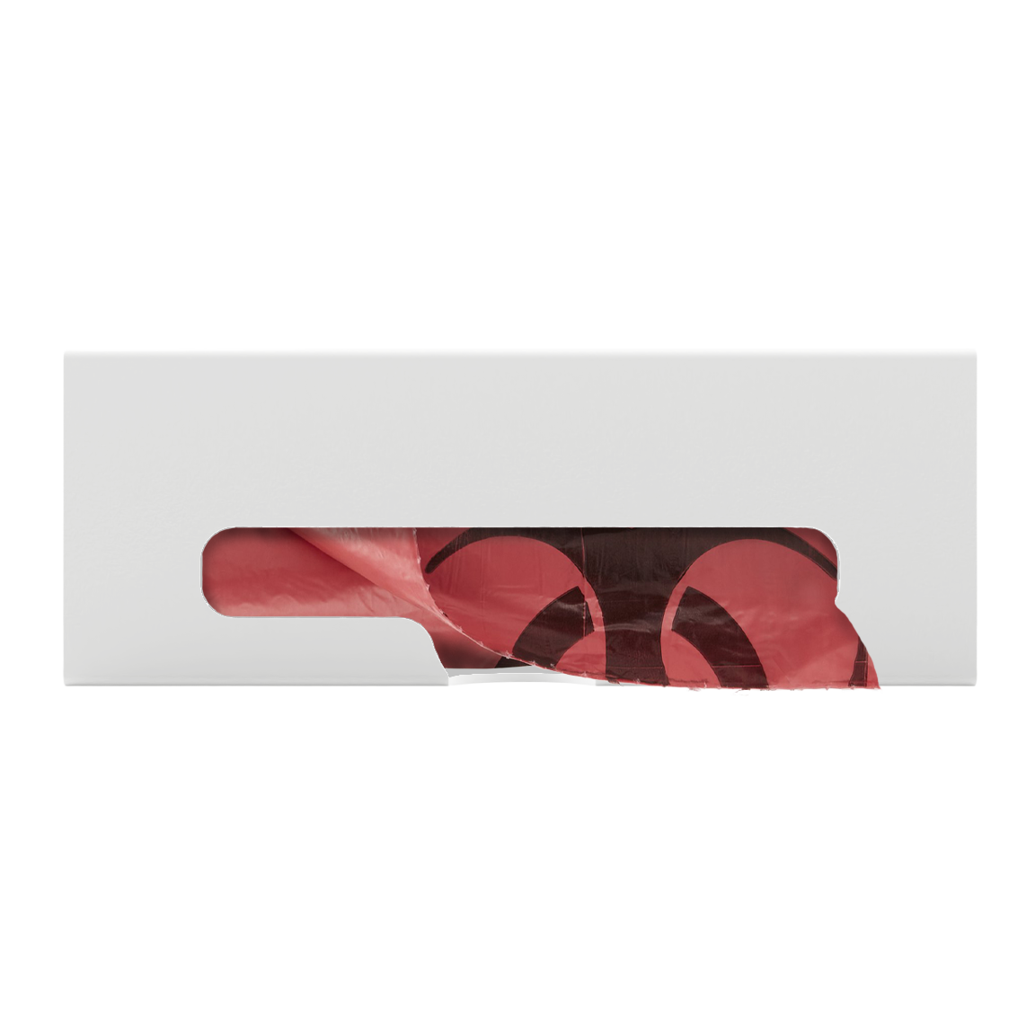 White ABS single compartment bag dispenser with side hole for loading and front bottom hole for dispensing. Showing Linen bags.