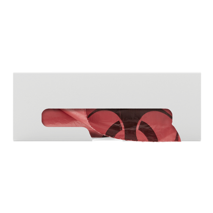 White ABS single compartment bag dispenser with side hole for loading and front bottom hole for dispensing. Showing Linen bags.