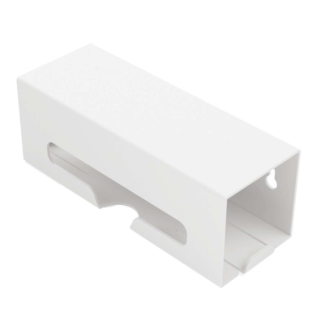 White ABS single compartment bag dispenser with side hole for loading and front bottom hole for dispensing. Empty. angled slightly left.