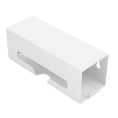 White ABS single compartment bag dispenser with side hole for loading and front bottom hole for dispensing. Empty. angled slightly left.