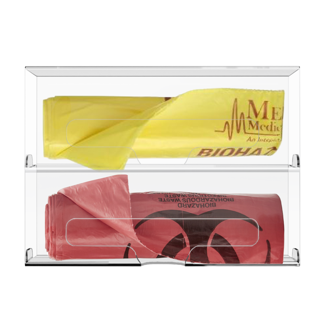 Clear PETG, double compartment bag dispenser with side hole for loading and front bottom hole for dispensing. Showing yellow and red biohazard bags.