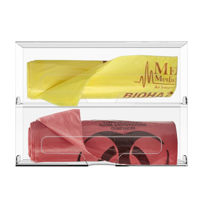 Clear PETG, double compartment bag dispenser with side hole for loading and front bottom hole for dispensing. Showing yellow and red biohazard bags.