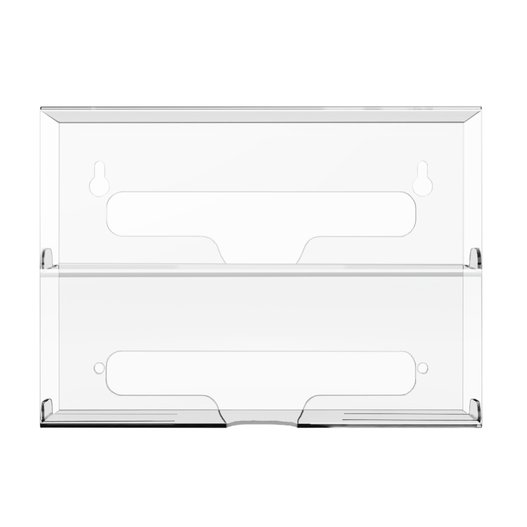 Clear PETG plastic, double compartment bag dispenser with side hole for loading and front bottom hole for dispensing. Empty. 