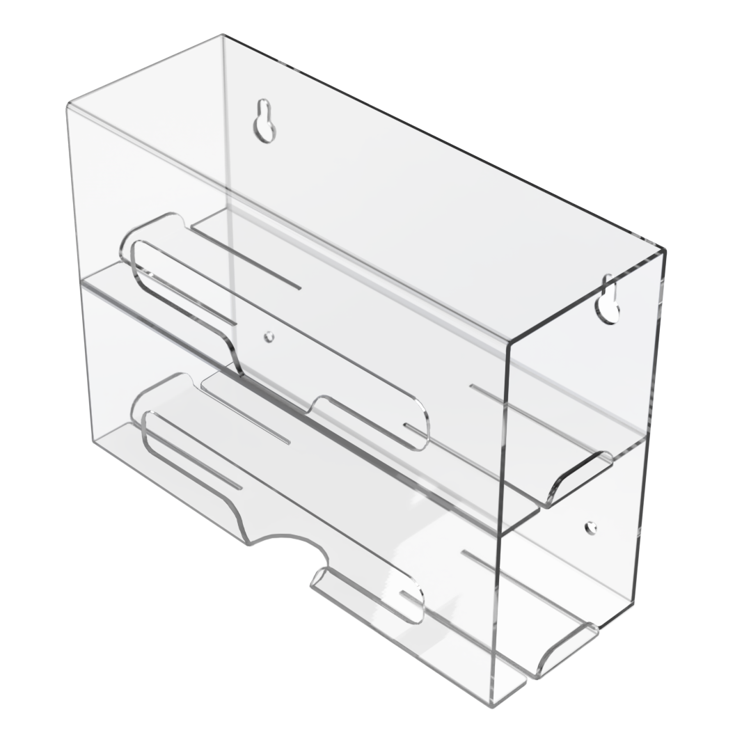 Clear PETG plastic double compartment bag dispenser with side hole for loading and front bottom hole for dispensing. Empty. angled slightly left. 