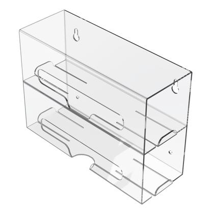 Clear PETG plastic double compartment bag dispenser with side hole for loading and front bottom hole for dispensing. Empty. angled slightly left. 