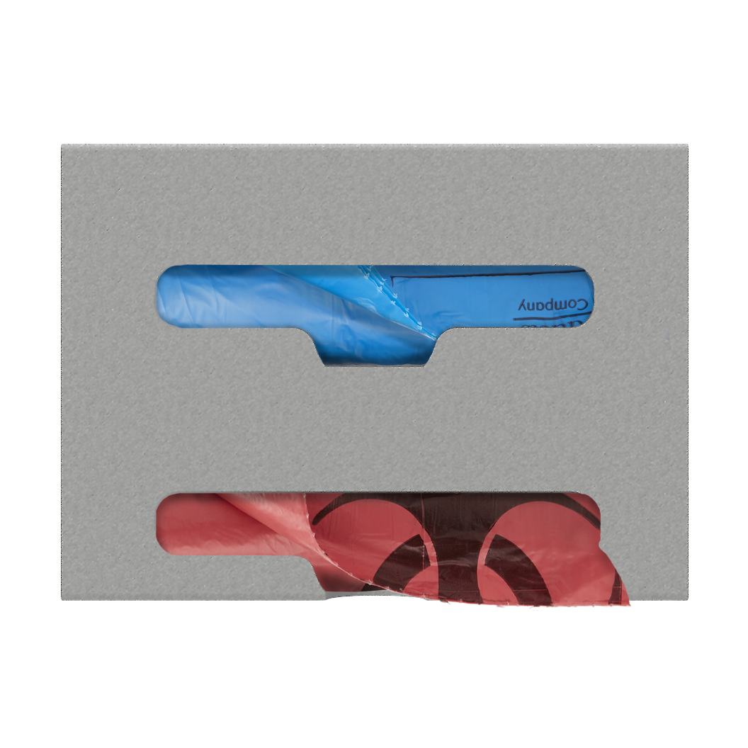 Beige, double compartment bag dispenser with side hole for loading and front bottom hole for dispensing. Showing Linen and biohazard bags.