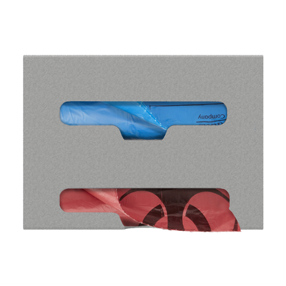 Beige, double compartment bag dispenser with side hole for loading and front bottom hole for dispensing. Showing Linen and biohazard bags.