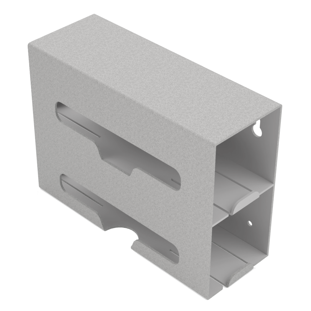 Beige, double compartment bag dispenser with side hole for loading and front bottom hole for dispensing. Empty., angled slightly left. 