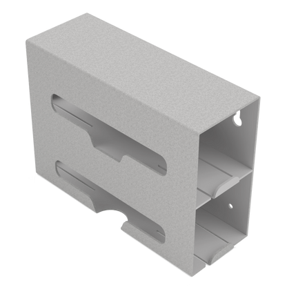 Beige, double compartment bag dispenser with side hole for loading and front bottom hole for dispensing. Empty., angled slightly left. 