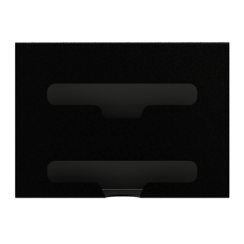 Black, double compartment bag dispenser with side hole for loading and front bottom hole for dispensing. empty.