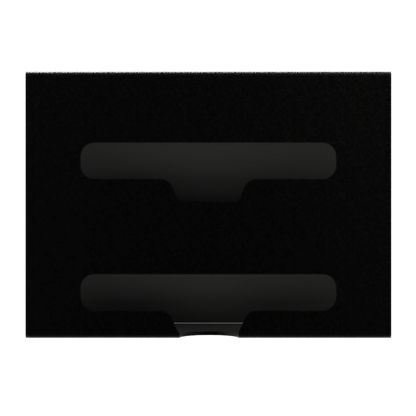 Black, double compartment bag dispenser with side hole for loading and front bottom hole for dispensing. empty.