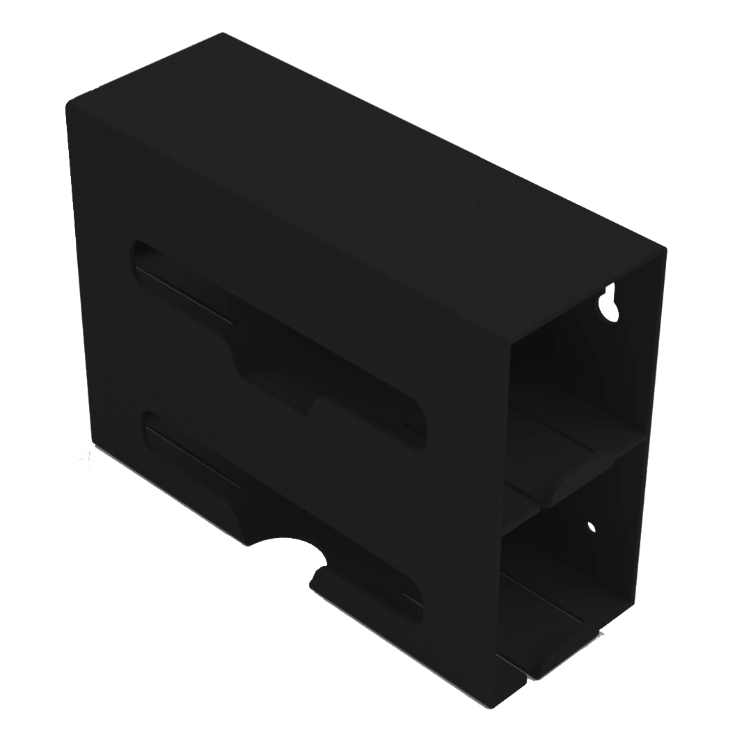 Black, double compartment bag dispenser with side hole for loading and front bottom hole for dispensing. empty. angled slightly left.