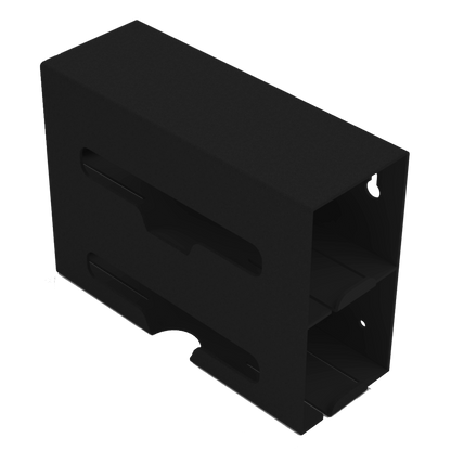 Black, double compartment bag dispenser with side hole for loading and front bottom hole for dispensing. empty. angled slightly left.