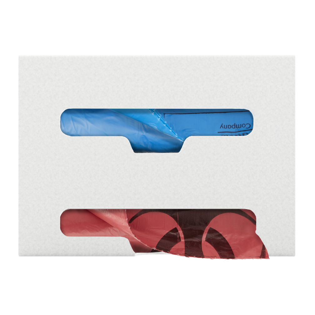 White, double compartment bag dispenser with side hole for loading and front bottom hole for dispensing. Filled with linen and biohazard bags.,