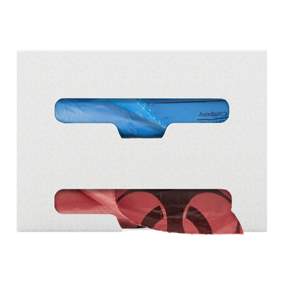 White, double compartment bag dispenser with side hole for loading and front bottom hole for dispensing. Filled with linen and biohazard bags.,