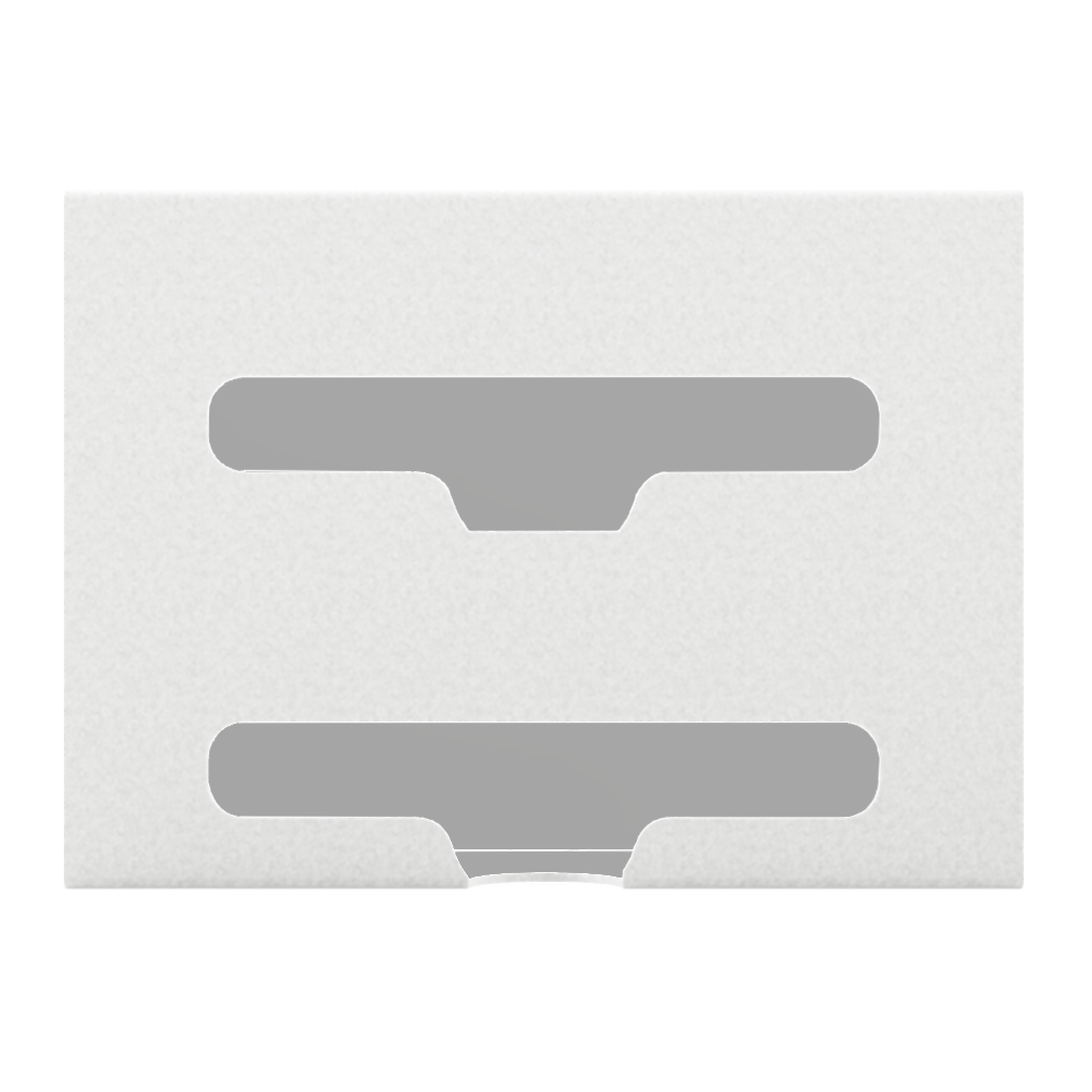 White, double compartment bag dispenser with side hole for loading and front bottom hole for dispensing. empty front facing