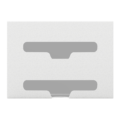 White, double compartment bag dispenser with side hole for loading and front bottom hole for dispensing. empty front facing
