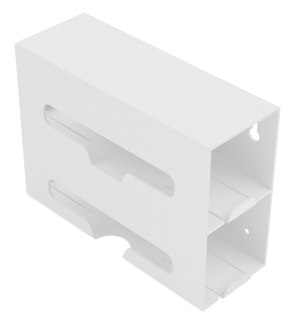 White, double compartment bag dispenser with side hole for loading and front bottom hole for dispensing. Empty