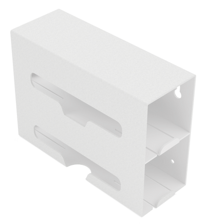 White, double compartment bag dispenser with side hole for loading and front bottom hole for dispensing. Empty