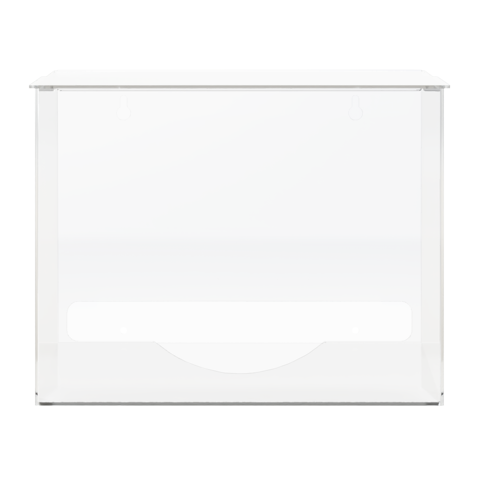 Clear PETG plastic bulk dispenser with single compartment, empty. Top lid for loading and bottom front hole for dispensing. Front view.