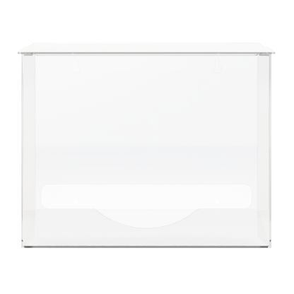 Clear PETG plastic bulk dispenser with single compartment, empty. Top lid for loading and bottom front hole for dispensing. Front view.