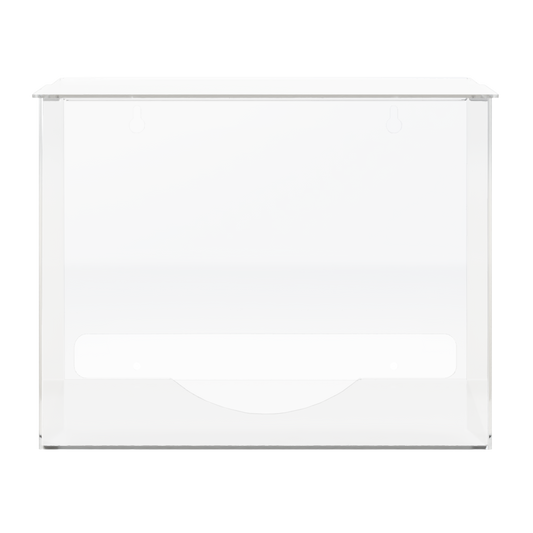 Clear PETG plastic bulk dispenser with single compartment, empty. Top lid for loading and bottom front hole for dispensing. Front view.