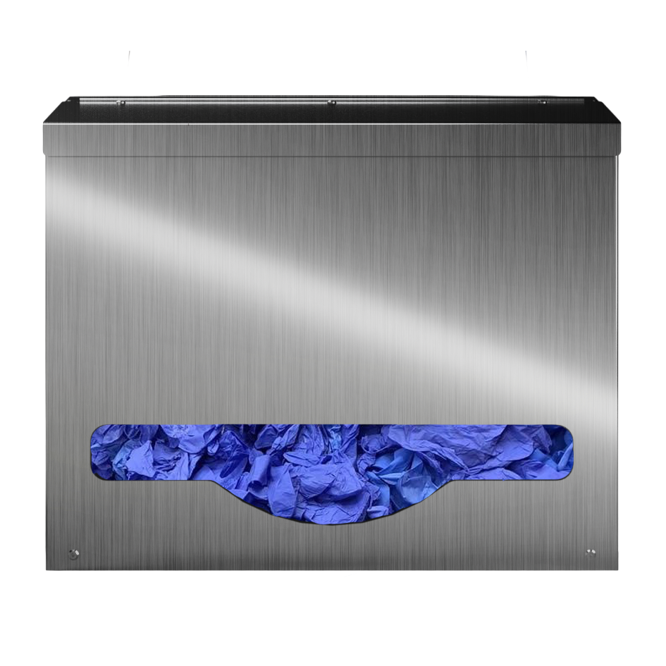 Bulk Dispenser, Short single, Stainless Steel, wall mount. top loading, top or bottom dispensing. front facing with bulk blue gloves