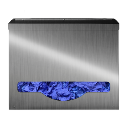 Bulk Dispenser, Short single, Stainless Steel, wall mount. top loading, top or bottom dispensing. front facing with bulk blue gloves