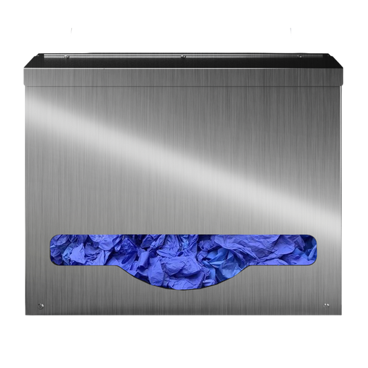 Bulk Dispenser, Short single, Stainless Steel, wall mount. top loading, top or bottom dispensing. front facing with bulk blue gloves