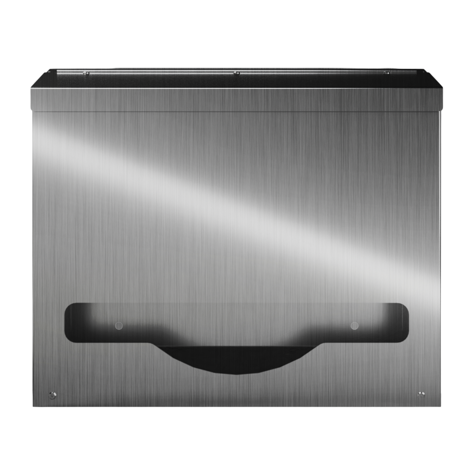 Bulk Dispenser, Short single, Stainless Steel, wall mount. top loading, top or bottom dispensing. Empty, front facing