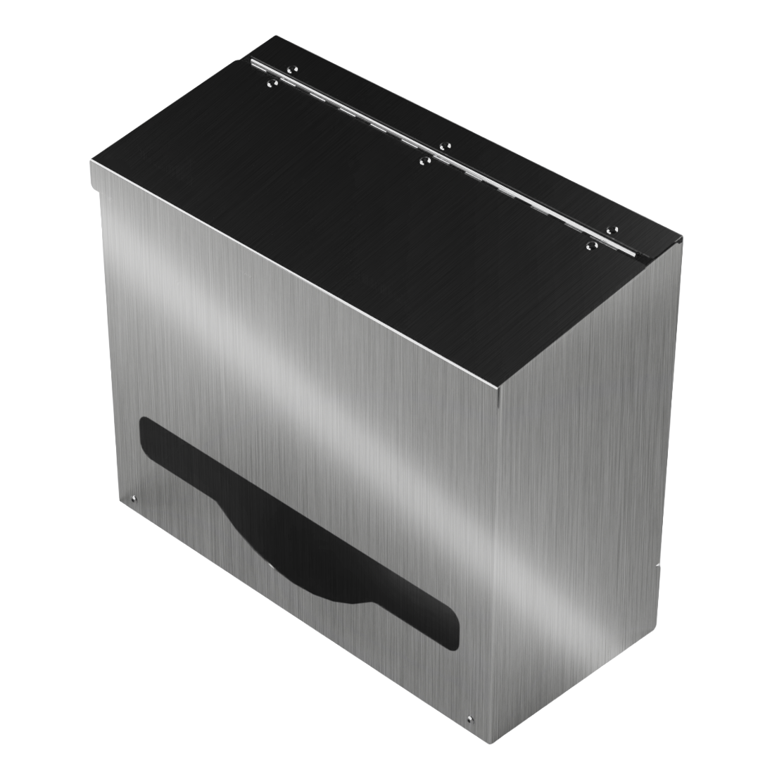 Bulk Dispenser, Short single, Stainless Steel, wall mount. top loading, top or bottom dispensing. Empty, front facing angled slightly left