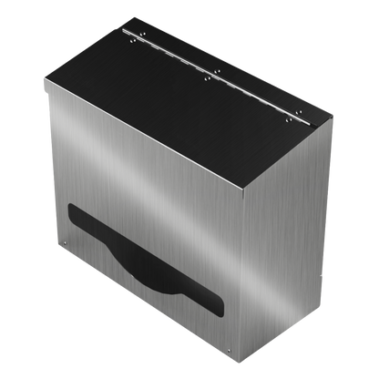 Bulk Dispenser, Short single, Stainless Steel, wall mount. top loading, top or bottom dispensing. Empty, front facing angled slightly left