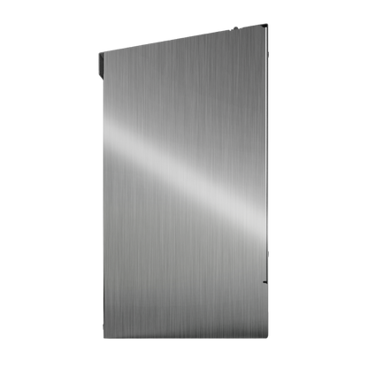Bulk Dispenser, Short single, Stainless Steel, wall mount. top loading, top or bottom dispensing. Empty, right side