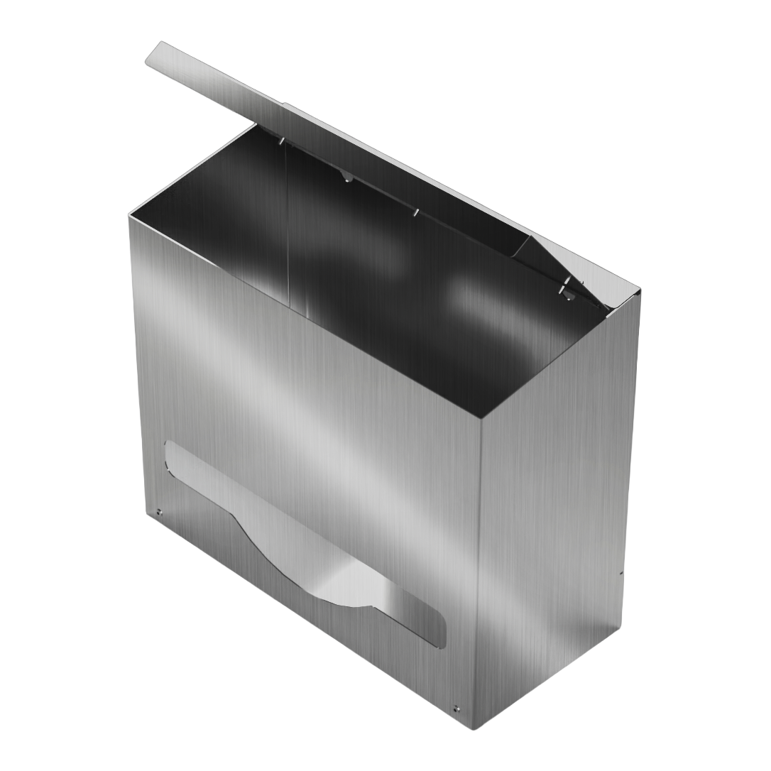 Bulk Dispenser, Short single, Stainless Steel, wall mount. top loading, top or bottom dispensing. Empty, front facing slightly angled left with lid open to view inside