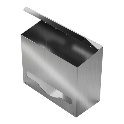 Bulk Dispenser, Short single, Stainless Steel, wall mount. top loading, top or bottom dispensing. Empty, front facing slightly angled left with lid open to view inside