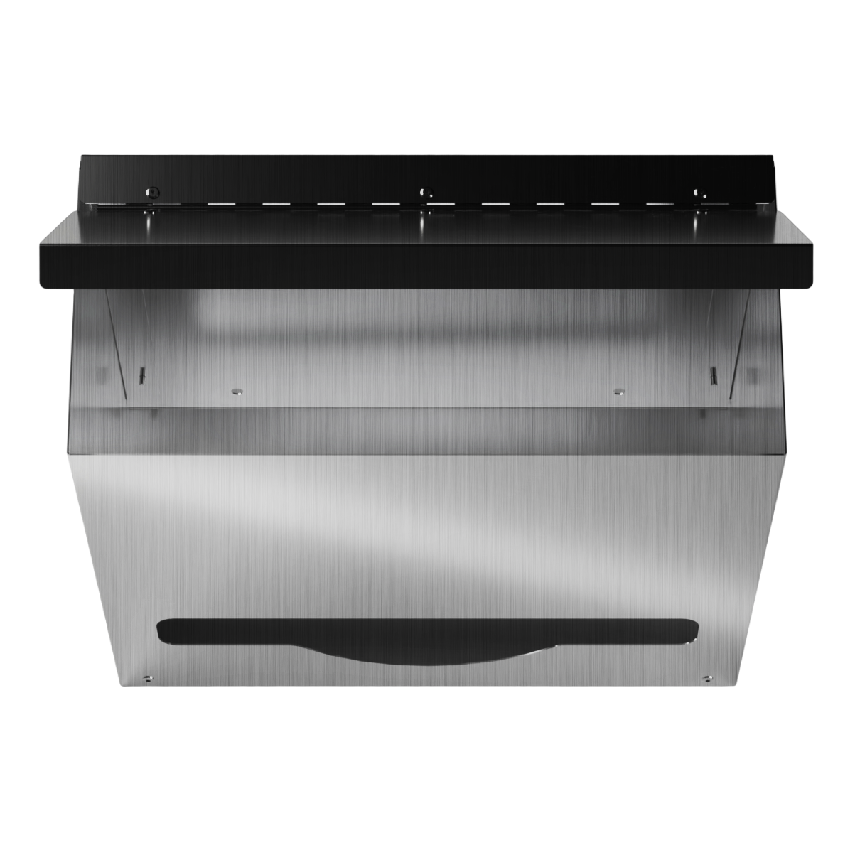Bulk Dispenser, Short single, Stainless Steel, wall mount. top loading, top or bottom dispensing. Empty, front facing with lid open and view down to inside bottom