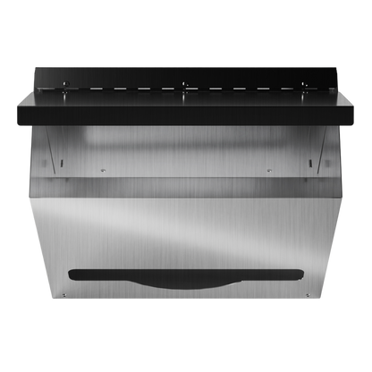 Bulk Dispenser, Short single, Stainless Steel, wall mount. top loading, top or bottom dispensing. Empty, front facing with lid open and view down to inside bottom