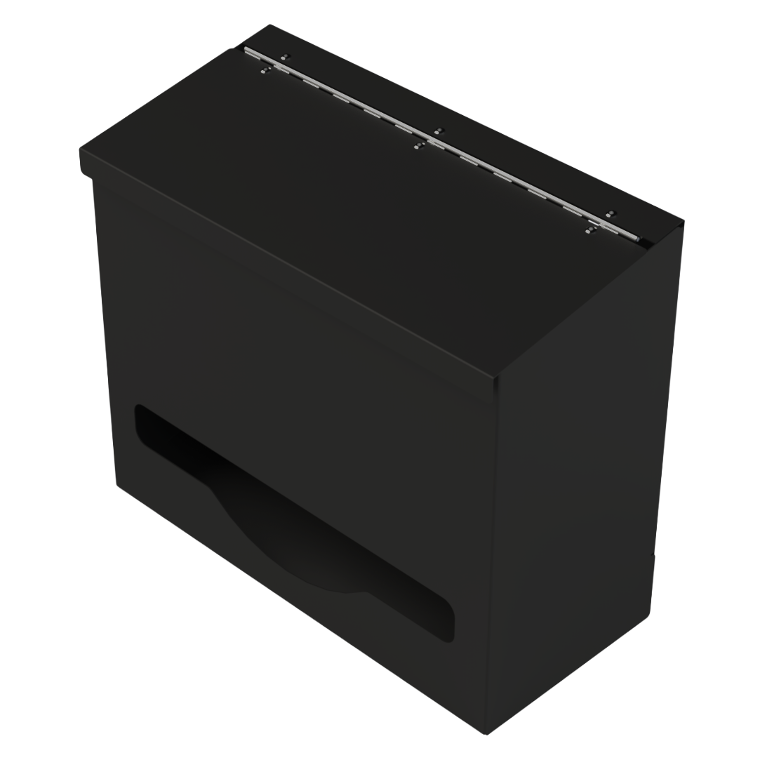Single, Lidded, Bulk PPE dispenser-Black-empty.angled slightly left.