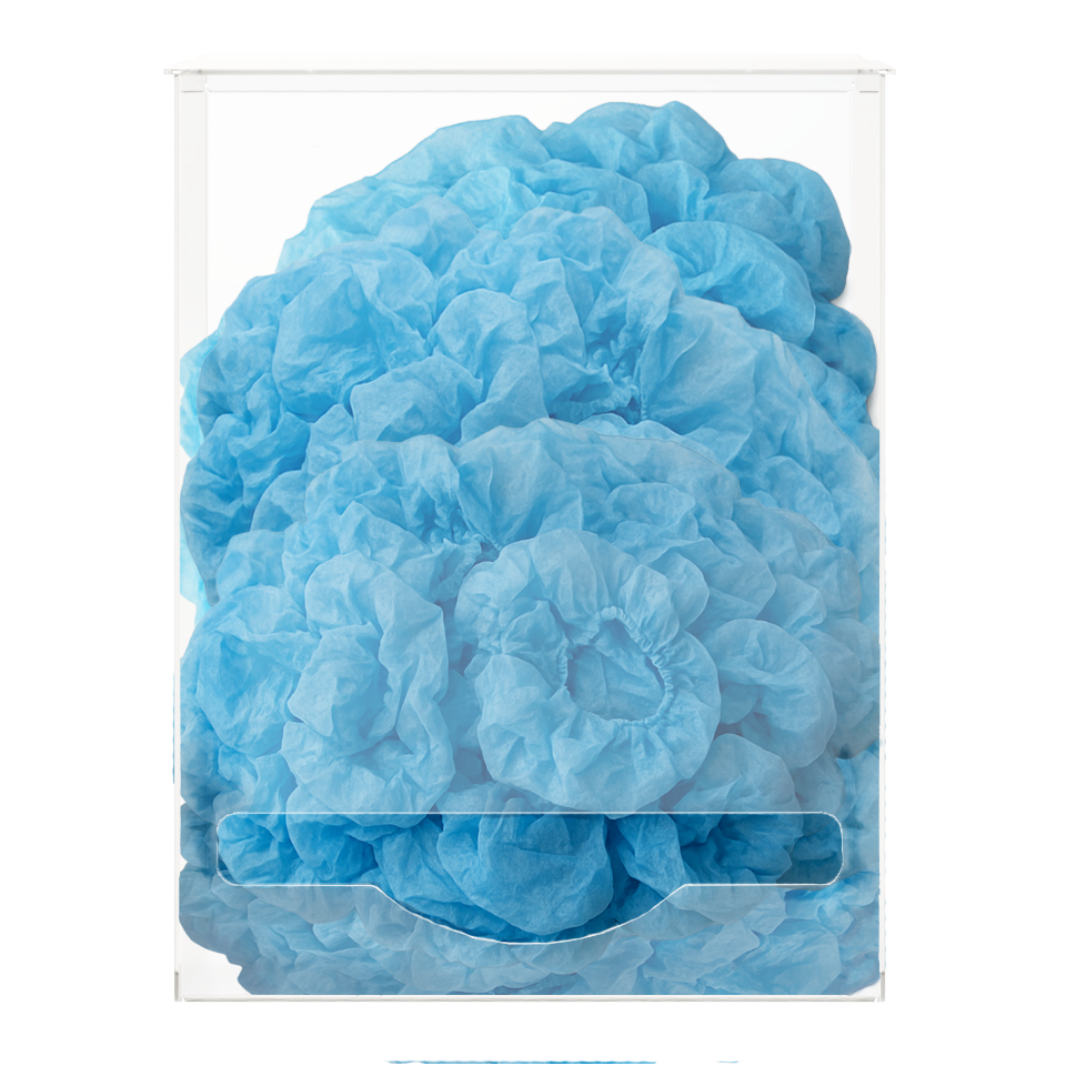 Blue bouffant caps in a clear plastic single bulk dispensers. LIdded top for loading and front bottom hole for dispensing. 