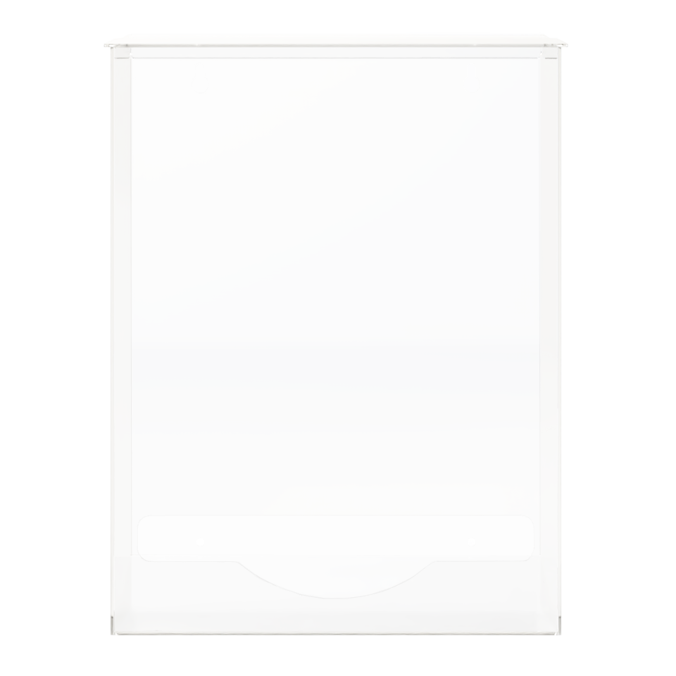 Single, tall, clear plastic bulk dispenser, empty. Has lid to load from top, front bottom hole for dispensing.