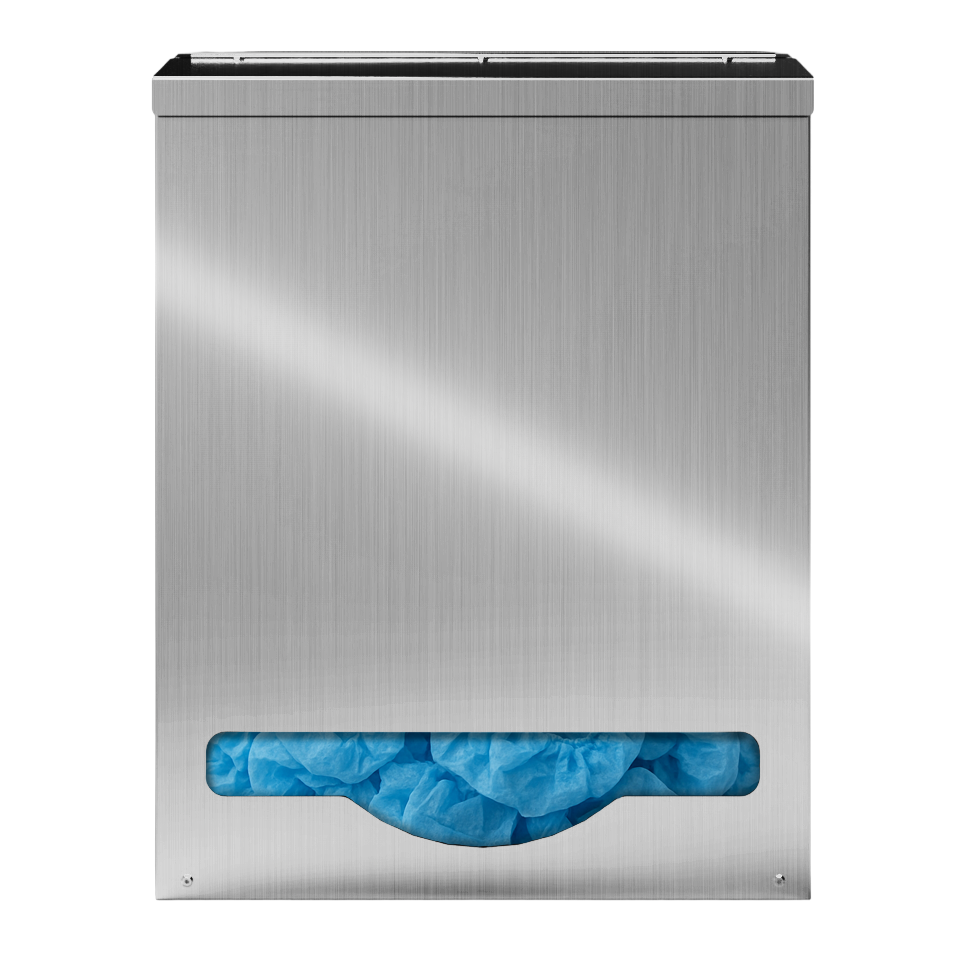Bulk Dispenser, Tall Single, Stainless Steel, wall mount. top loading, top or bottom front dispensing. Filled with bouffant surgical caps and front facing