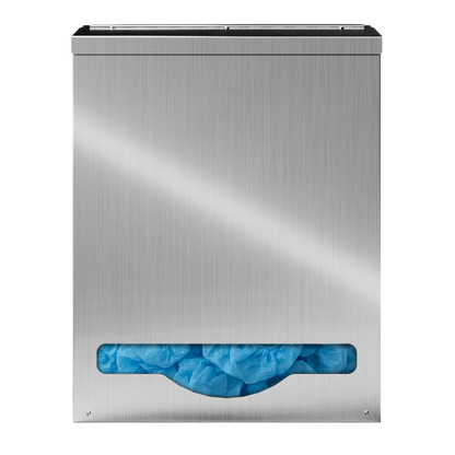 Bulk Dispenser, Tall Single, Stainless Steel, wall mount. top loading, top or bottom front dispensing. Filled with bouffant surgical caps and front facing